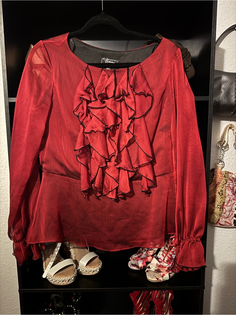dressbarn Red Ruffle Front Long-Sleeve Blouse